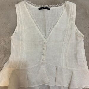 Zara White Linen-Blend V-Neck Peplum Tank XS